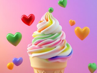 Poster - Swirled colorful ice cream cone with floating hearts.
