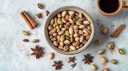 Aufkleber - Pistachios, coffee, spices on white surface.