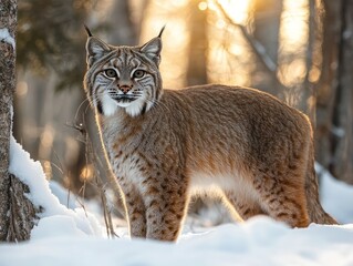 Aufkleber - Bobcat stands in snowy woods at sunset.