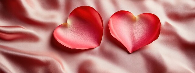 Poster - Two rose petals in hearts on silky pink fabric.