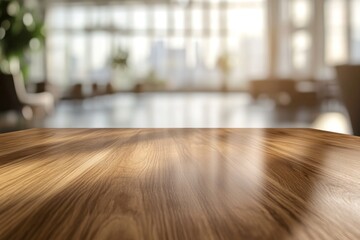 Poster - Wooden tabletop, blurred modern interior background.