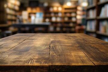 Poster - Wood table with blurred bookshelf in background.