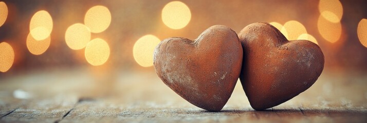 Poster - Two hearts, bokeh background, wooden surface.