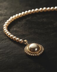 Poster - Pearl necklace with gold pendant on dark textured surface.