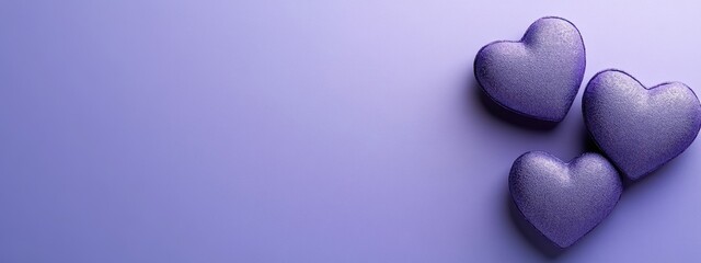 Poster - Three purple hearts on a lavender background, top down.
