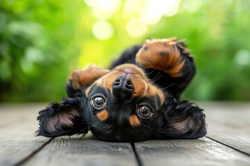 Aufkleber - Cute puppy lying on back, playful, green nature backdrop.
