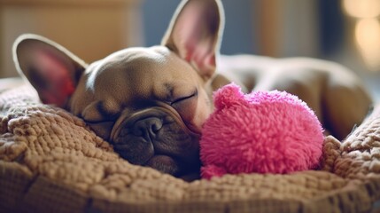 Poster - French bulldog puppy sleeping peacefully in bed with pink toy.