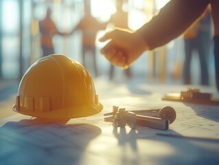 Poster - Construction site with hardhat, tools, and people collaborating.