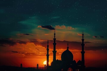 Islamic architecture and religious celebrations in night sky background.