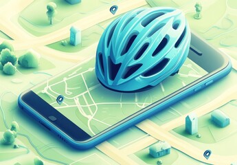 Aufkleber - Bicycle helmet on smartphone screen with map background.