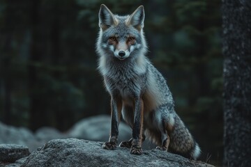 Poster - Gray fox sits on rock.