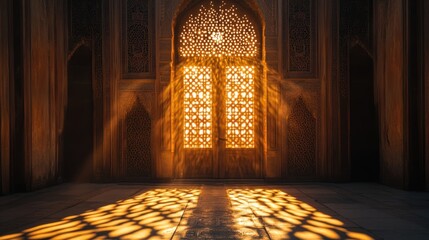 Poster - Sunlit intricate latticed window in stone wall casting shadow patterns.