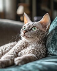 Poster - Devon rex cat, green eyes, looking up, lounging.