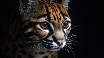 Poster - Ocelot with striking brown eyes against dark backdrop.