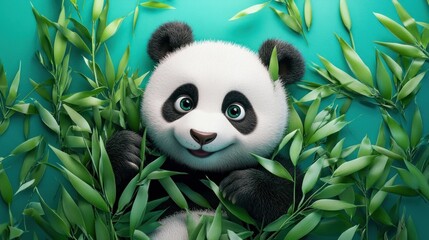 Aufkleber - Adorable baby panda laying amongst green bamboo leaves.