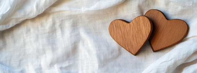Poster - Two wooden hearts on white wrinkled cloth.