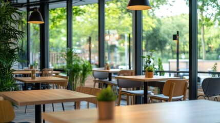 Aufkleber - Empty restaurant with wooden tables and chairs by large windows.