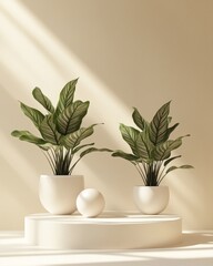Aufkleber - Two potted plants on pedestal with a ball, light and shadows.