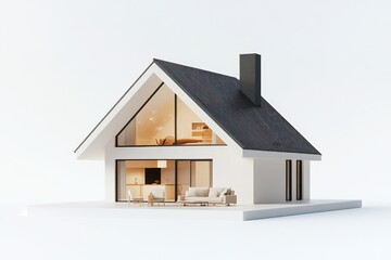 Leinwandbilder - Modern house, white exterior, triangle window, cozy interior.