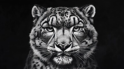 Poster - Detailed monochrome charcoal drawing of a snow leopard face, centered.