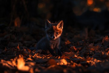 Poster - Fox kit sits among autumn leaves, lit by golden hour.