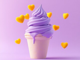 Poster - Purple swirl ice cream with yellow floating hearts on a light purple background.