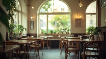 Poster - Warm cafe interior with tables, chairs, and plants.