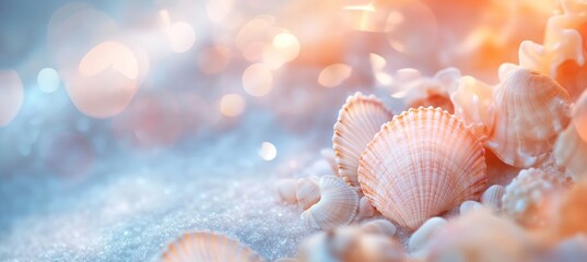 Poster - Seashells on sparkly sand, defocused lights.
