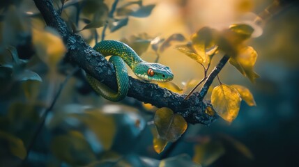 Aufkleber - Green snake on branch, sunlit nature scene.