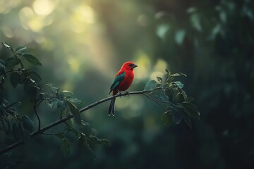 Aufkleber - Vivid red bird perches on branch in forest.