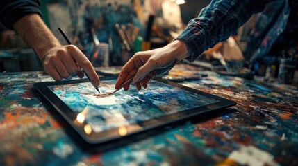 Aufkleber - Two hands paint on tablet screen.