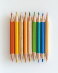 Poster - Top view of aligned double sided colored pencils on white background.