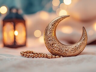 Aufkleber - Golden crescent moon, lantern, and beads on a textured fabric.