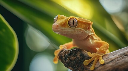 Poster - Close up of yellow gecko on branch, leaves in the bokeh background.