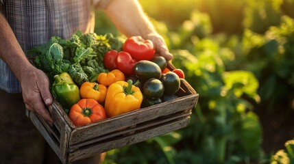 Poster - Farmer carrying wooden crate full of vegetables in field.