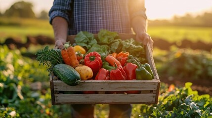 Poster - Farmer holds a crate of fresh produce at sunset.