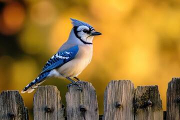 Poster - Blue jay perched on wooden fence with colorful bokeh background.