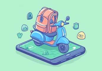Poster - Delivery scooter with large pack on phone.