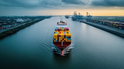 Aufkleber - Container ship sails channel toward docks under cloudy sky.