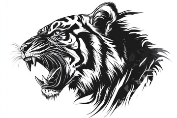black and white vector of roaring tiger head.