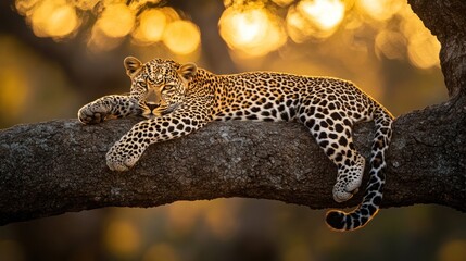 Aufkleber - Leopard resting on tree limb at sunset.