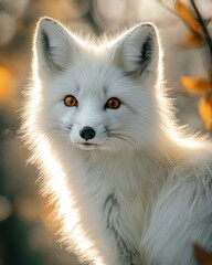 Aufkleber - White fox with orange eyes in warm light, closeup portrait.