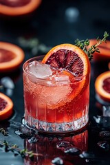 Poster - Red drink with blood orange slice and thyme sprig on dark surface.