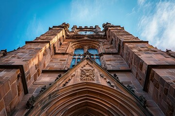 Poster - Low angle view of an ornate sandstone church tower against a blue sky.