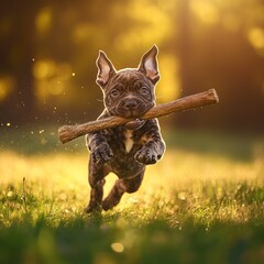 Poster - Brindle puppy runs with stick outdoors at sunset.