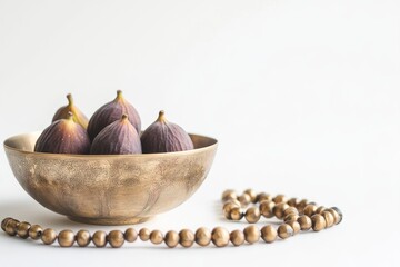 Poster - Figs in bronze bowl with gold beads, still life.