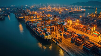 Poster - Evening port view with cargo ships, containers, and lights.