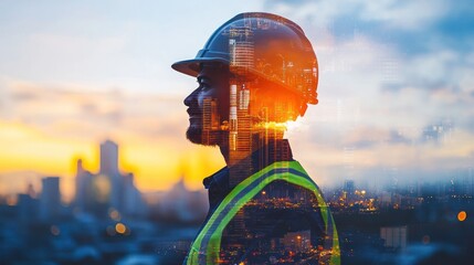 Poster - Construction worker overlayed with city skyline at sunset.