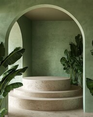 Poster - Minimalist studio with stone podium and green walls, plants.