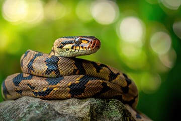 Poster - Coiled python rests on rock with blurred green foliage.